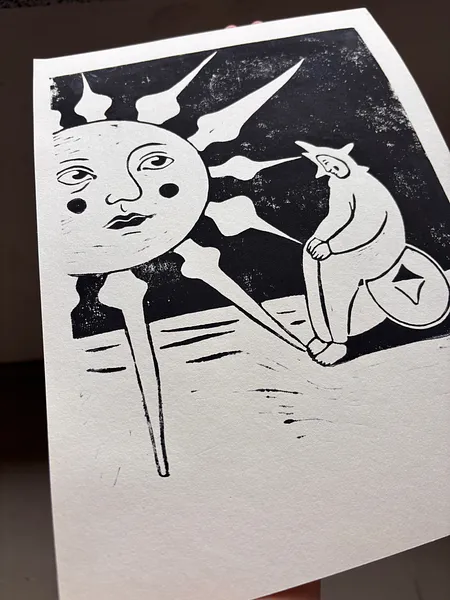 Image of Я не горюю. by Diana Ruban , size: 30x21 см, made of Папір, темперна фарба, Graphics medium, from Грузія, part of the Linocut, graphics series, priced at $150 Photo 5 of 6.