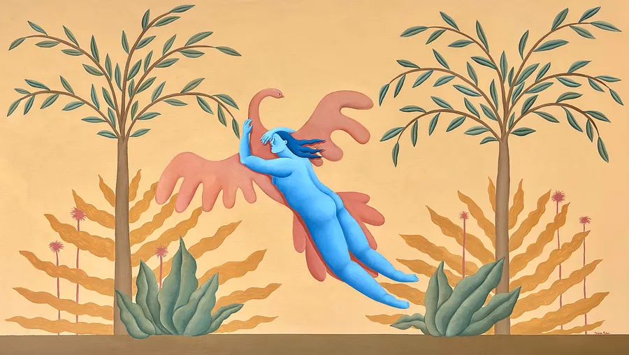 Image of I want to fly with you. by Diana Ruban , size: 128 x 73 cm, made of Canvas, acrylic., Painting medium, from Georgia , part of the Blue women series, priced at $3500 Photo 1 of 3.