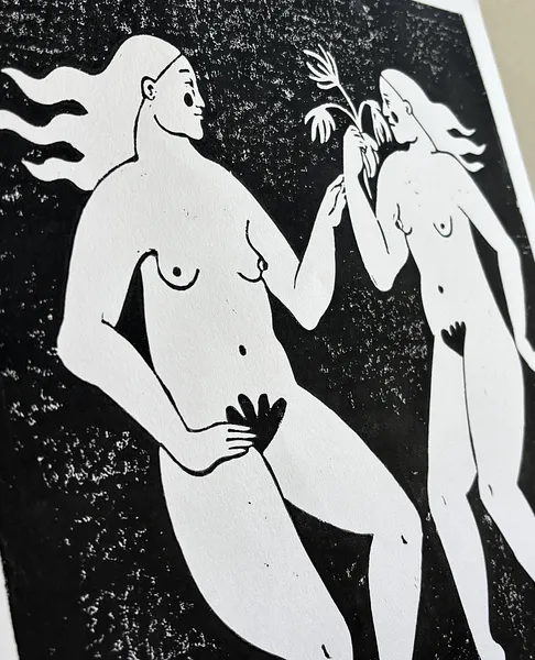 Image of Linocut "Women with Hope" by Diana Ruban , made of Paper, ink for linocut, Graphics medium, from Georgia , part of the Linocut, graphics series, priced at $100 Photo 3 of 4.