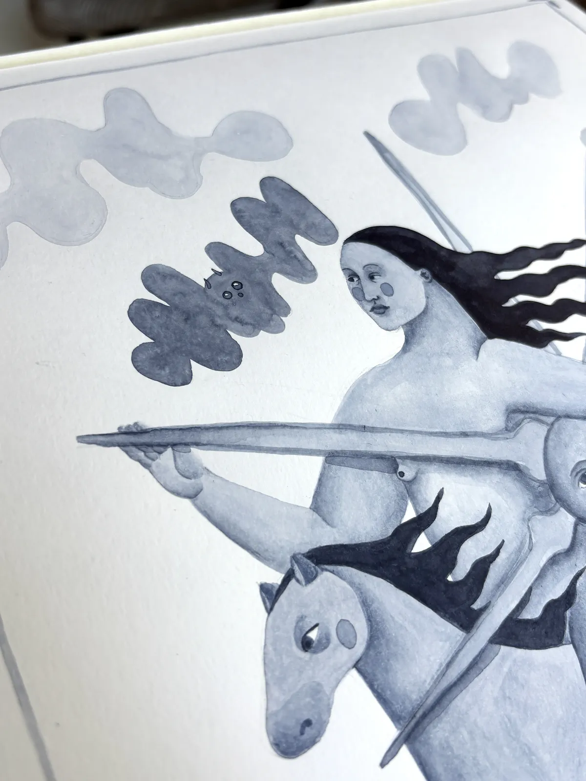 Image of Woman with the sun by Diana Ruban , size: 41,7 x 28,7 cm, made of Paper, watercolor, Graphics medium, from Georgia , part of the Linocut, graphics series, priced at $250 Photo 5 of 6.