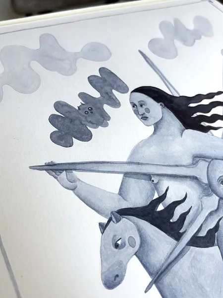 Image of Woman with the sun by Diana Ruban , size: 41,7 x 28,7 cm, made of Paper, watercolor, Graphics medium, from Georgia , part of the Linocut, graphics series, priced at $250 Photo 5 of 6.