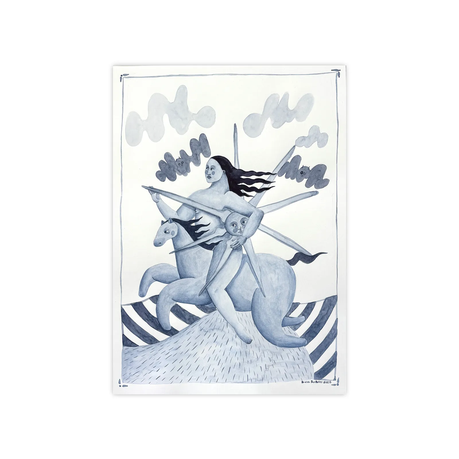 Image of Woman with the sun by Diana Ruban , size: 41,7 x 28,7 cm, made of Paper, watercolor, Graphics medium, from Georgia , part of the Linocut, graphics series, priced at $250 Photo 1 of 6.