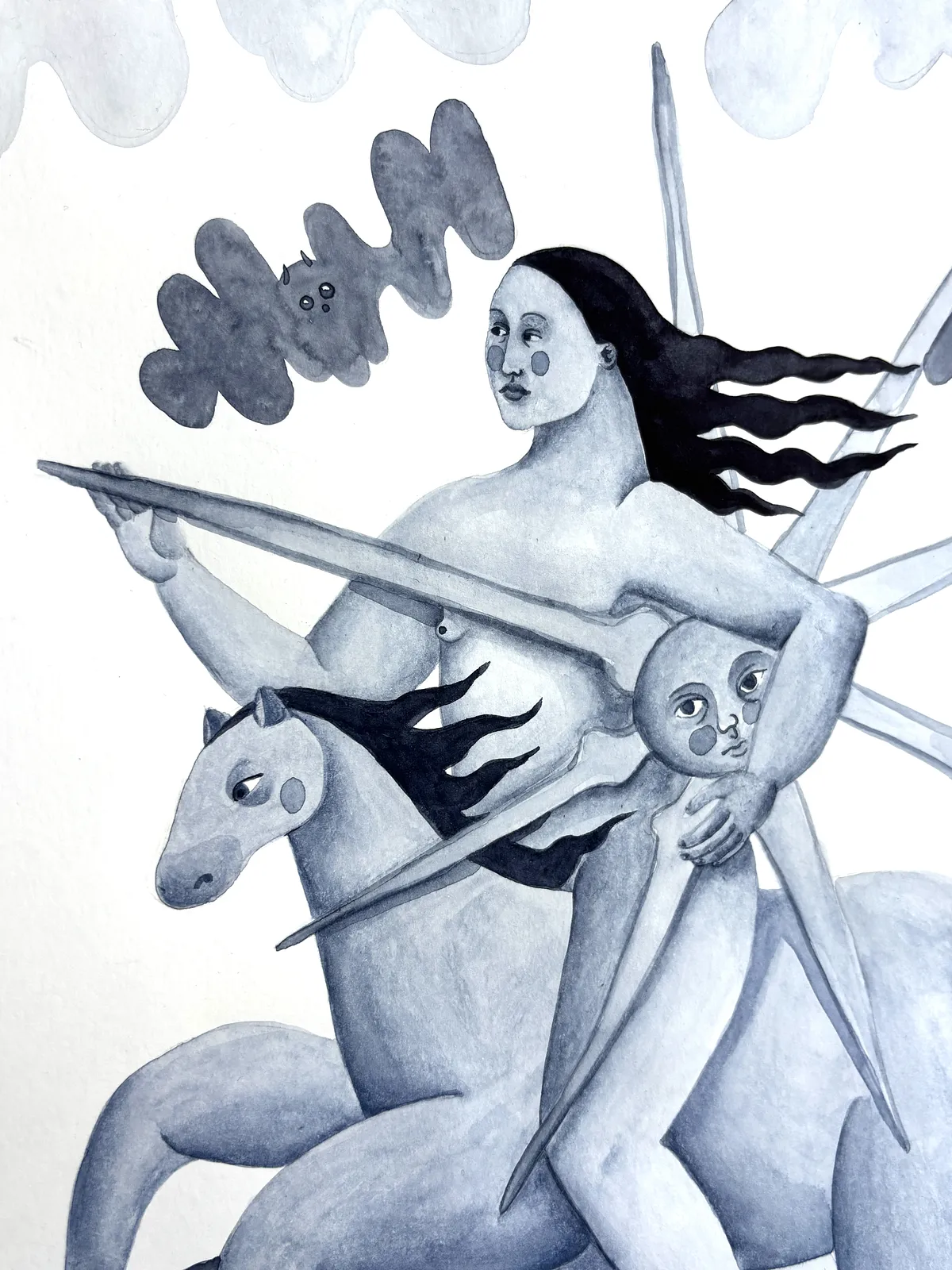 Image of Woman with the sun by Diana Ruban , size: 41,7 x 28,7 cm, made of Paper, watercolor, Graphics medium, from Georgia , part of the Linocut, graphics series, priced at $250 Photo 2 of 6.