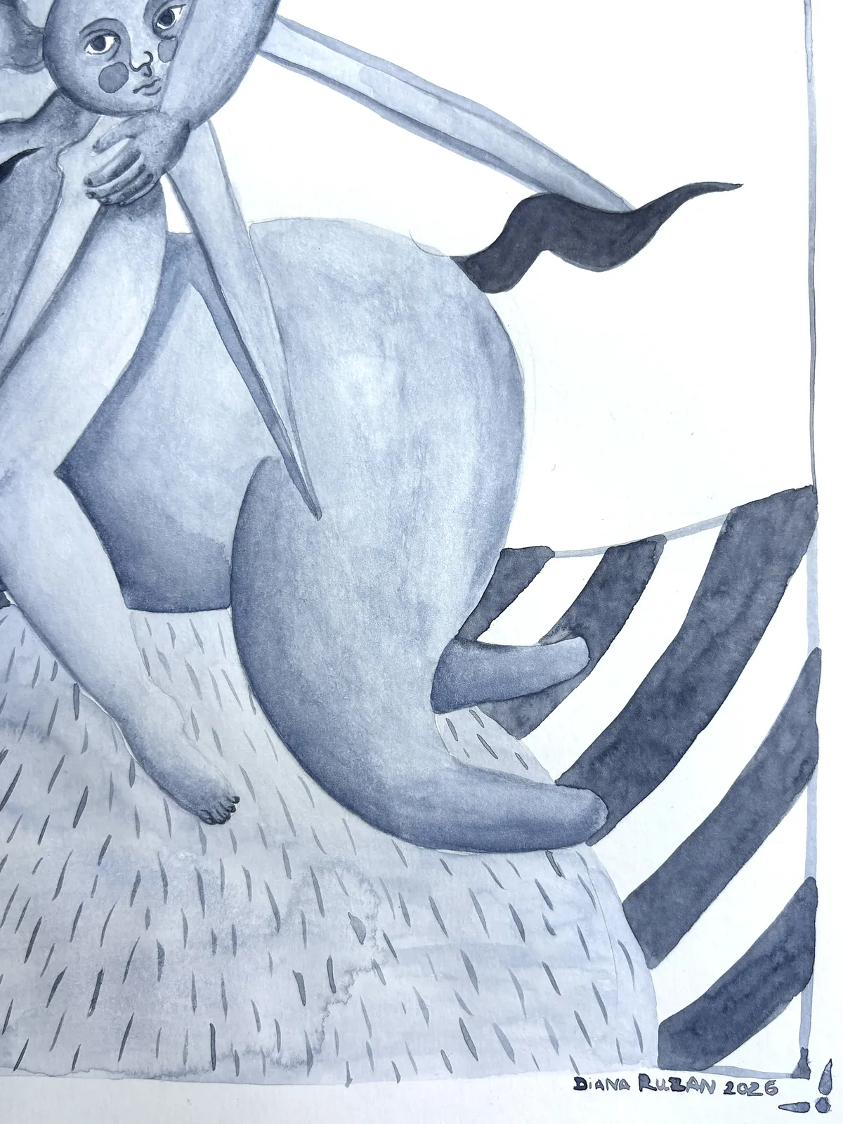 Image of Woman with the sun by Diana Ruban , size: 41,7 x 28,7 cm, made of Paper, watercolor, Graphics medium, from Georgia , part of the Linocut, graphics series, priced at $250 Photo 3 of 6.