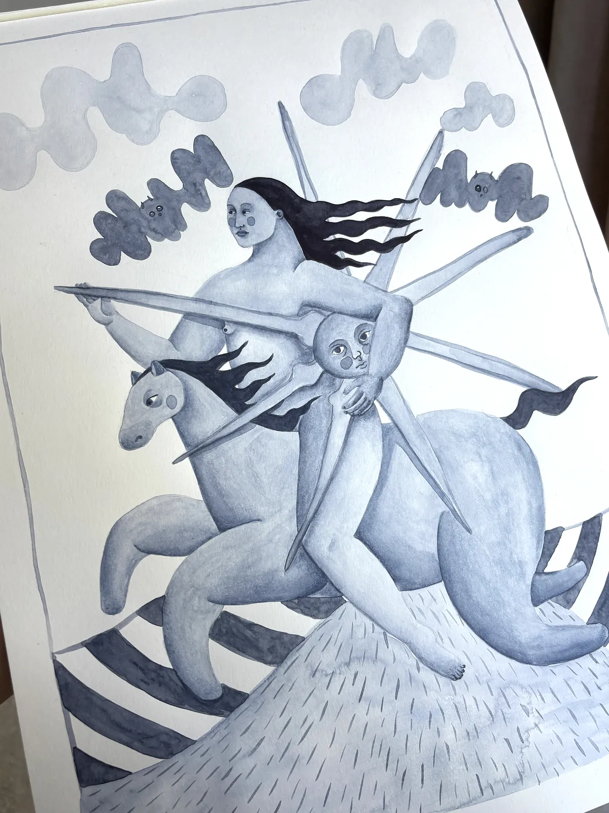 Image of Woman with the sun by Diana Ruban , size: 41,7 x 28,7 cm, made of Paper, watercolor, Graphics medium, from Georgia , part of the Linocut, graphics series, priced at $250 Photo 4 of 6.