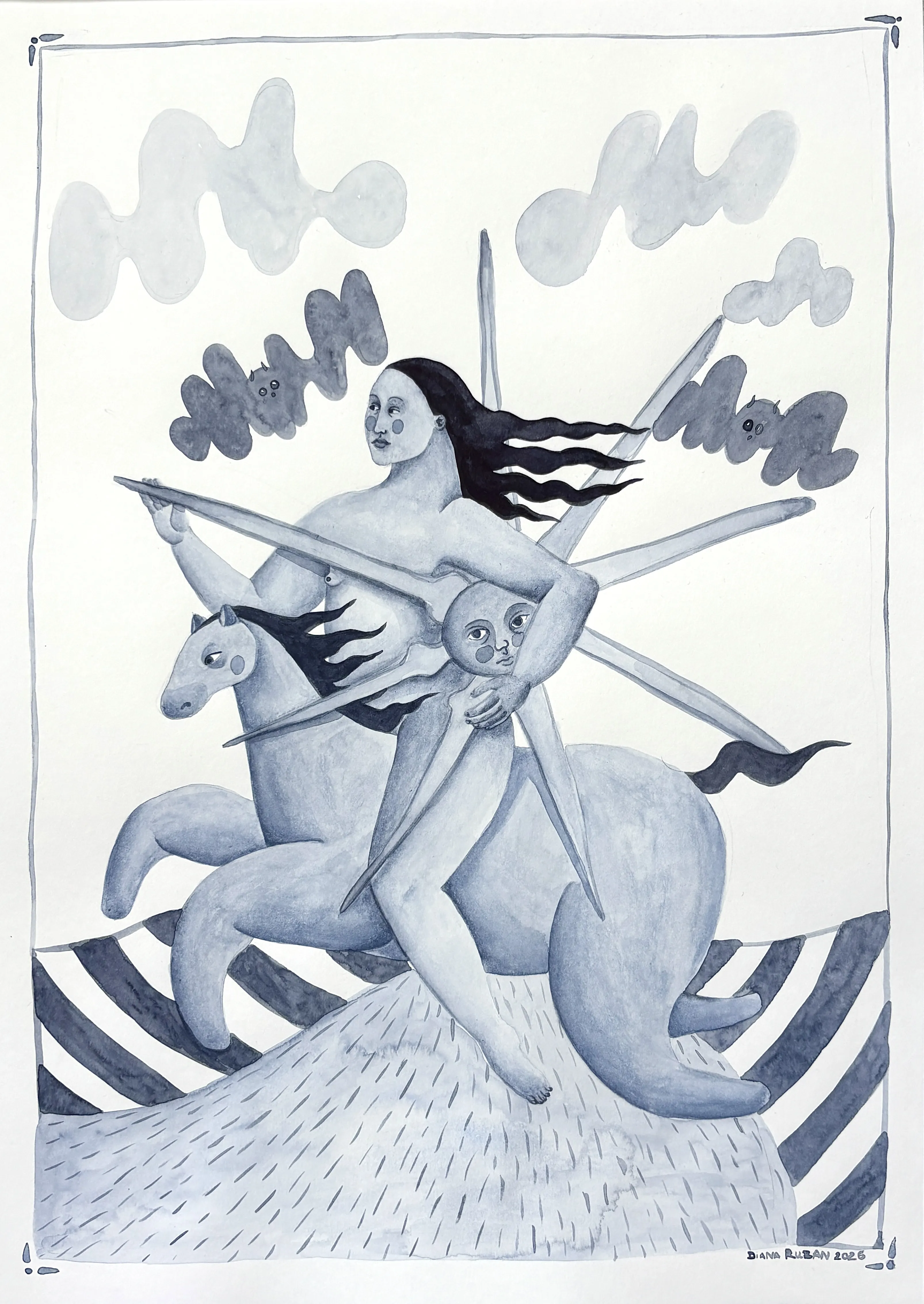 Image of Woman with the sun by Diana Ruban , size: 41,7 x 28,7 cm, made of Paper, watercolor, Graphics medium, from Ukraine, part of the Linocut, graphics series, priced at $250 Photo 6 of 6.