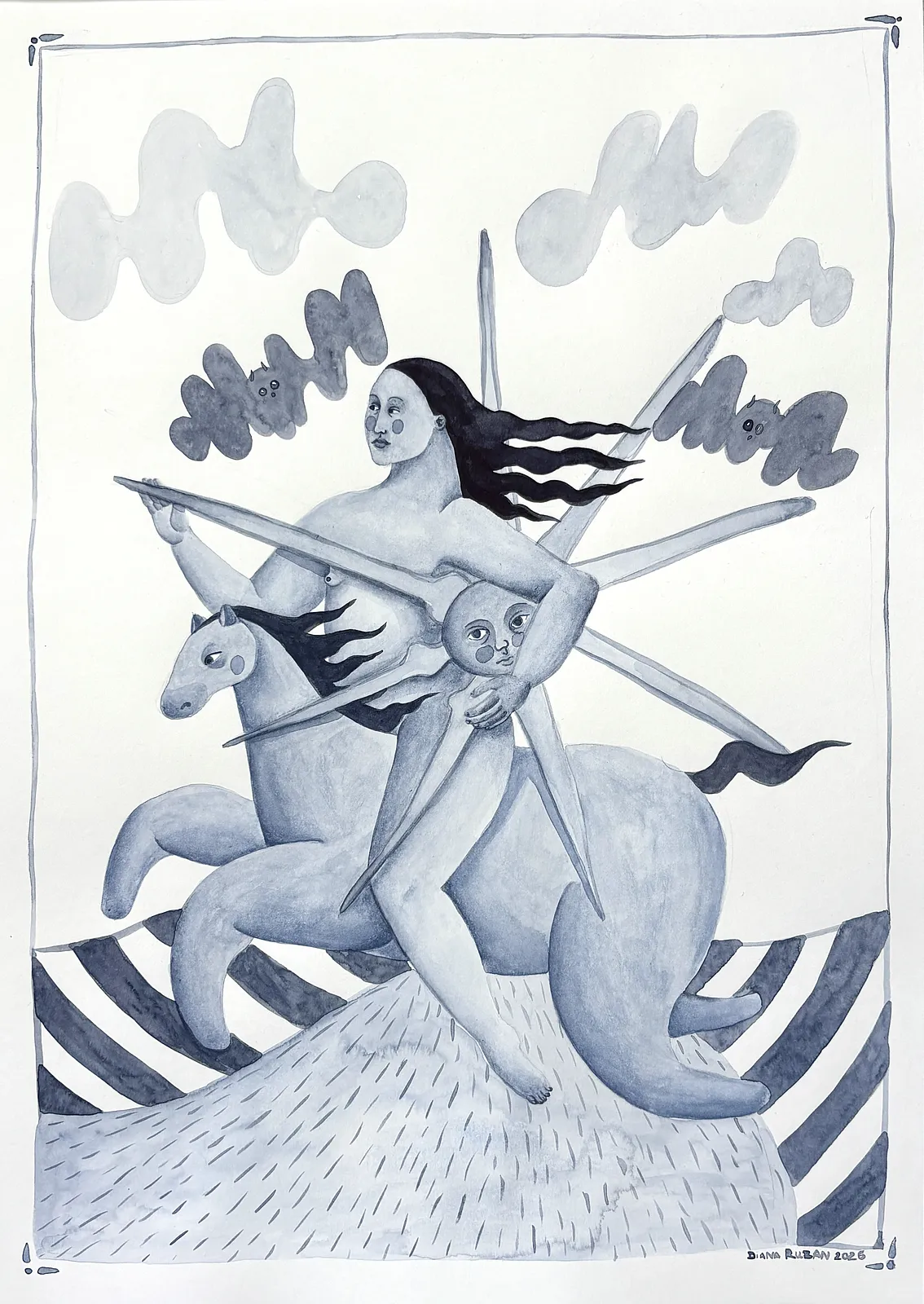 Image of Woman with the sun by Diana Ruban , size: 41,7 x 28,7 cm, made of Paper, watercolor, Graphics medium, from Georgia , part of the Linocut, graphics series, priced at $250 Photo 6 of 6.