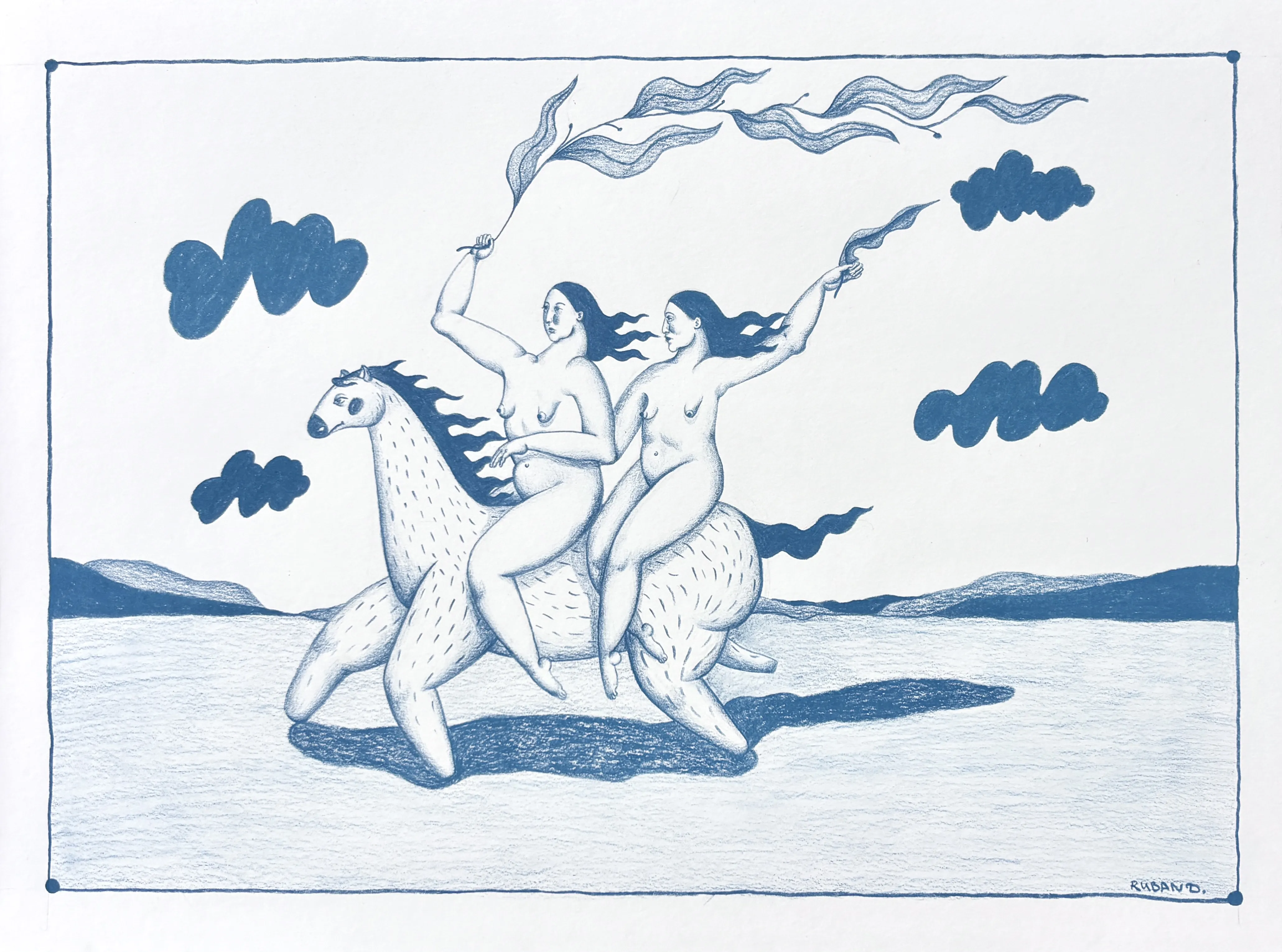 Image of On horseback by Diana Ruban , size: 29,5 x 40 cm, made of Paper, pencil, Graphics medium, from Ukraine , part of the Linocut, graphics series, priced at $250 Photo 2 of 4.