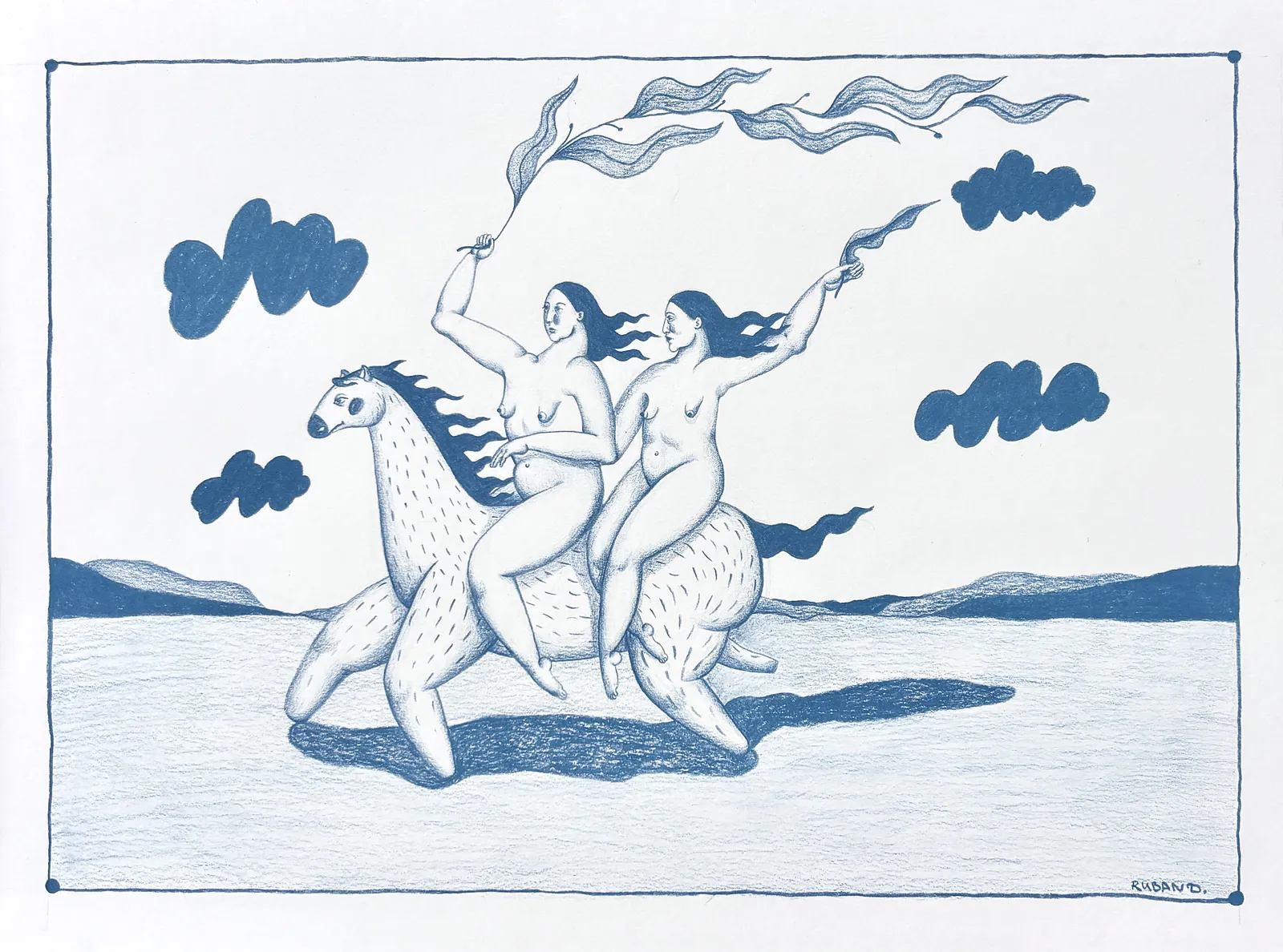 Image of On horseback by Diana Ruban , size: 29,5 x 40 cm, made of Paper, pencil, Graphics medium, from Ukraine , part of the Linocut, graphics series, priced at $250 Photo 2 of 4.