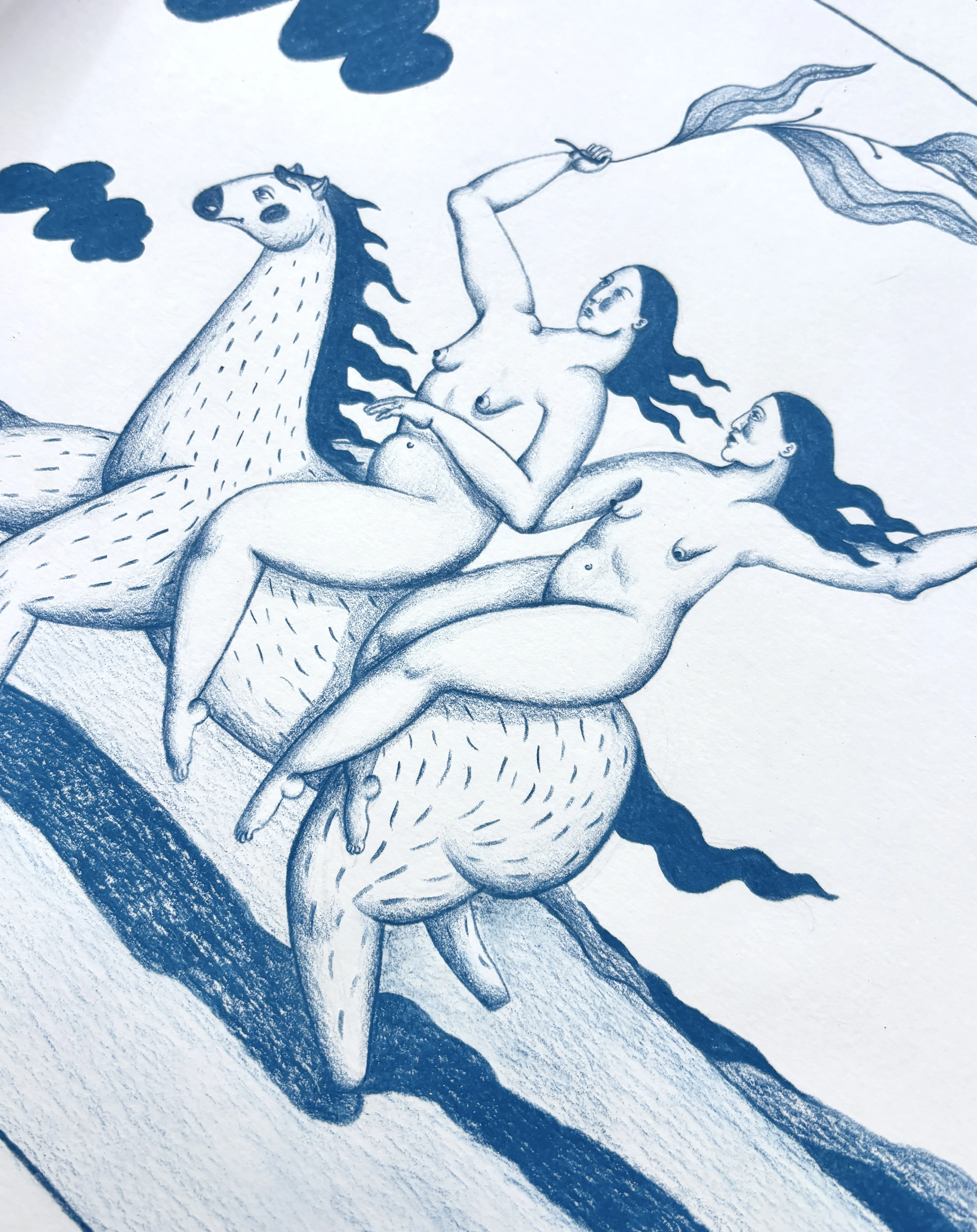 Image of On horseback by Diana Ruban , size: 29,5 x 40 cm, made of Paper, pencil, Graphics medium, from Ukraine , part of the Linocut, graphics series, priced at $250 Photo 3 of 4.