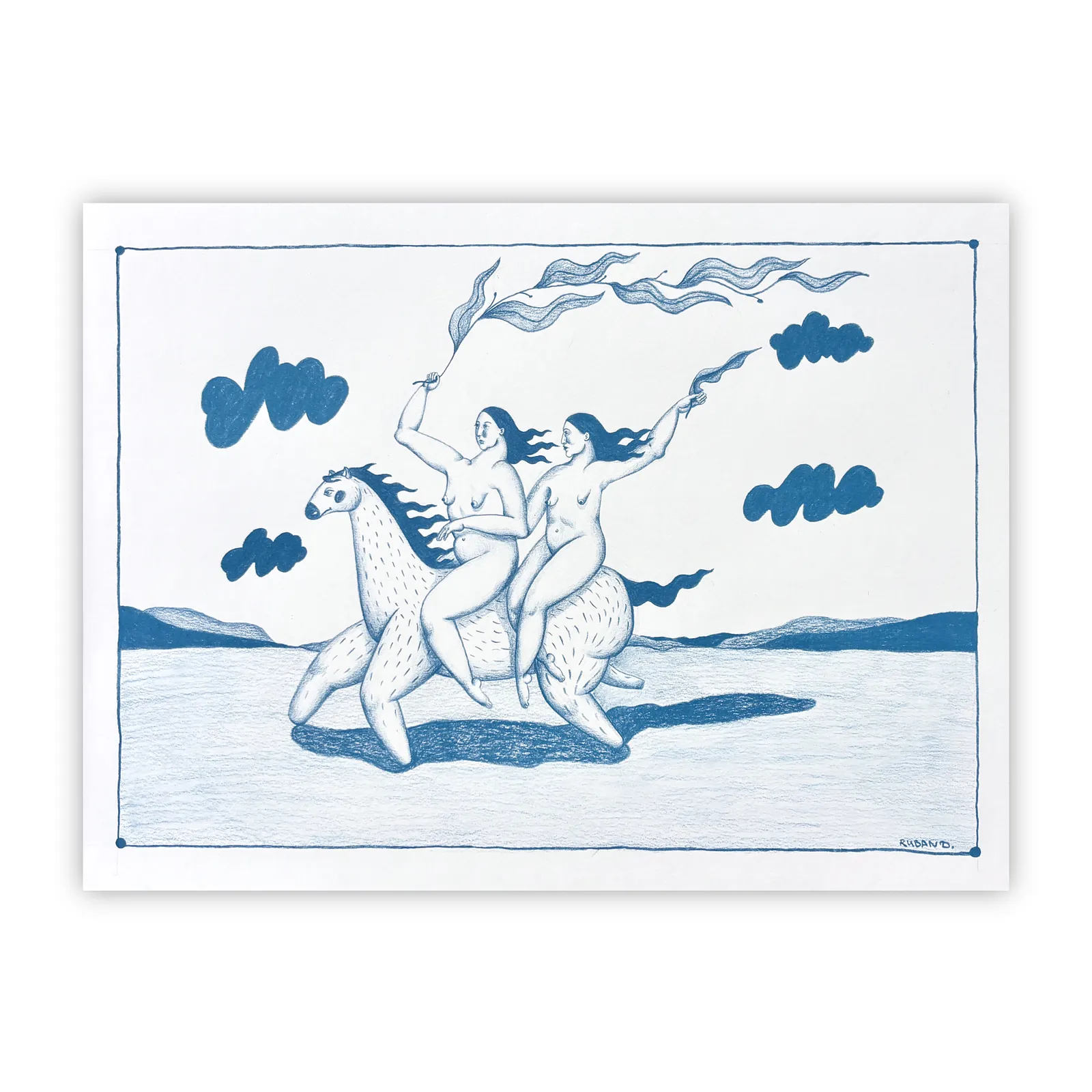 Image of On horseback by Diana Ruban , size: 29,5 x 40 cm, made of Paper, pencil, Graphics medium, from Ukraine , part of the Linocut, graphics series, priced at $250 Photo 1 of 4.