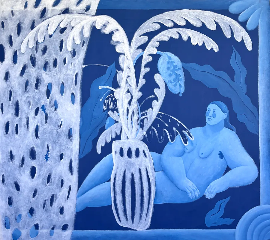 Image of A place in the garden by Diana Ruban , size: 132 х 148,5 cm, made of canvas, acrylic, Painting medium, from USA, part of the Blue women series, priced at €6750 Photo 1 of 4.