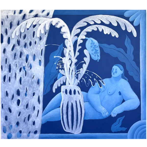 Image of A place in the garden by Diana Ruban , size: 132 х 148,5 cm, made of canvas, acrylic, Painting medium, from USA, part of the Blue women series, priced at €6750