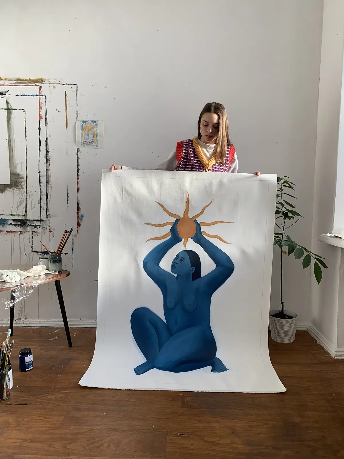Image of Diana Ruban & Liza Obuhovska, SONATA by Diana Ruban , size: 145 x 100 cm, made of canvas, acrylic, oil pastel, oil, textile, Painting medium, from USA, part of the Blue women series Photo 2 of 3.