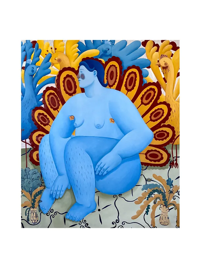 Image of Not among my own by Diana Ruban , size: 145 x 125 cm, made of canvas, acrylic, oil, Painting medium, from Denmark, part of the Blue women series, priced at €7000 Photo 1 of 3.