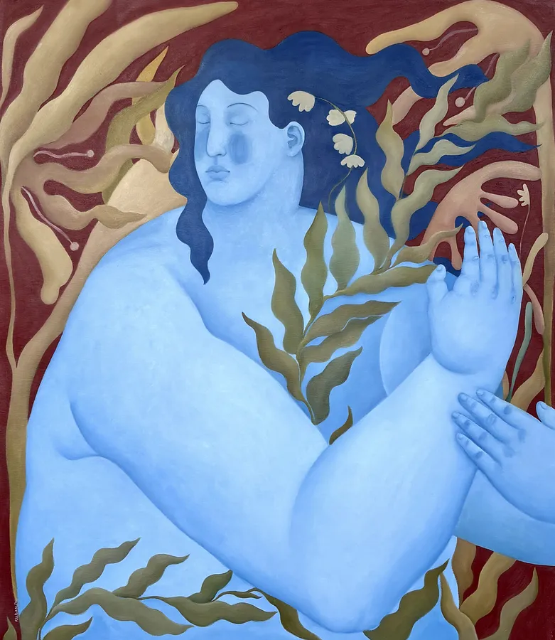 Image of My flower by Diana Ruban , size: 105 x 95 cm, made of canvas, oil, Painting medium, from Denmark, part of the Blue women series Photo 1 of 2.