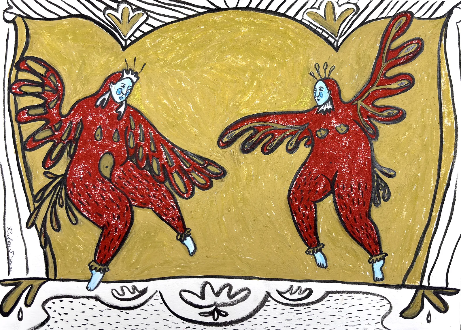 Image of In the image of a bird by Diana Ruban , size: 21 x 30 cm , made of paper, marker, oil pastel, Graphics medium, from Georgia, part of the Linocut, graphics series, priced at $250 Photo 2 of 2.
