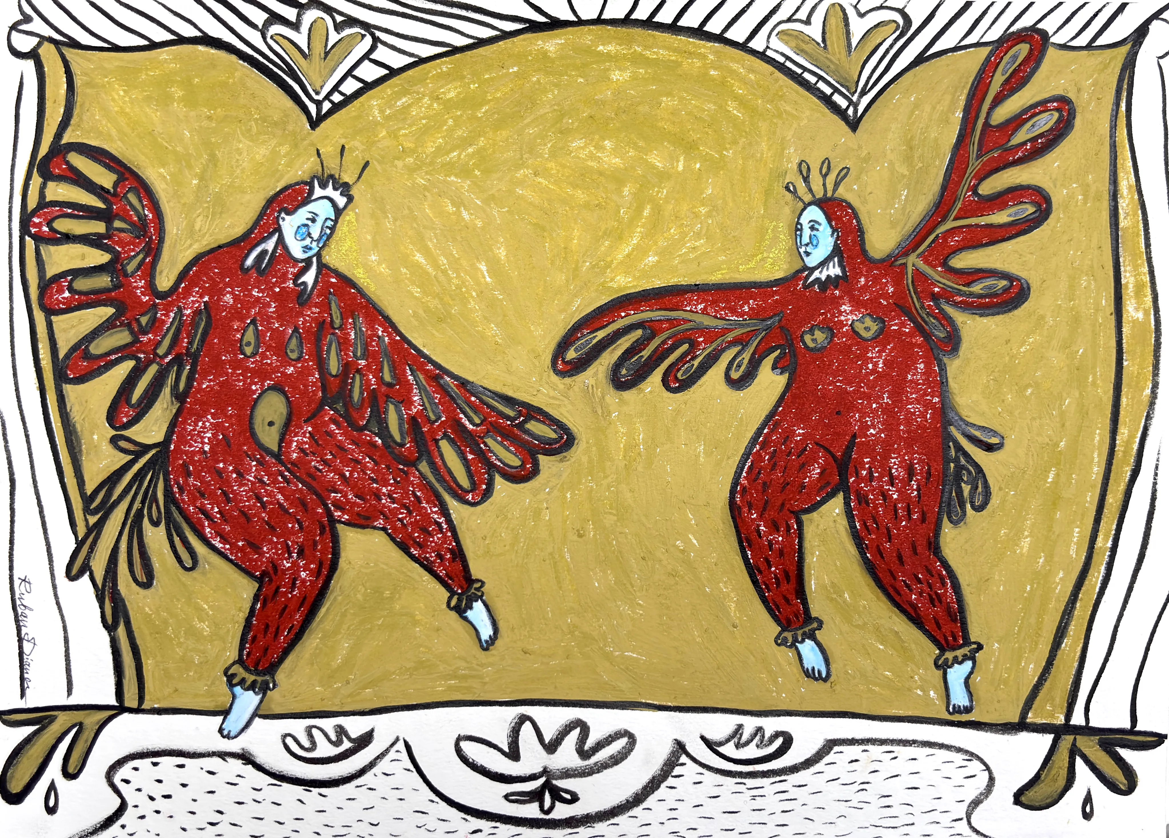 Image of In the image of a bird by Diana Ruban , size: 21 x 30 cm , made of paper, marker, oil pastel, Graphics medium, from Ukraine, part of the Linocut, graphics series, priced at $250 Photo 2 of 2.