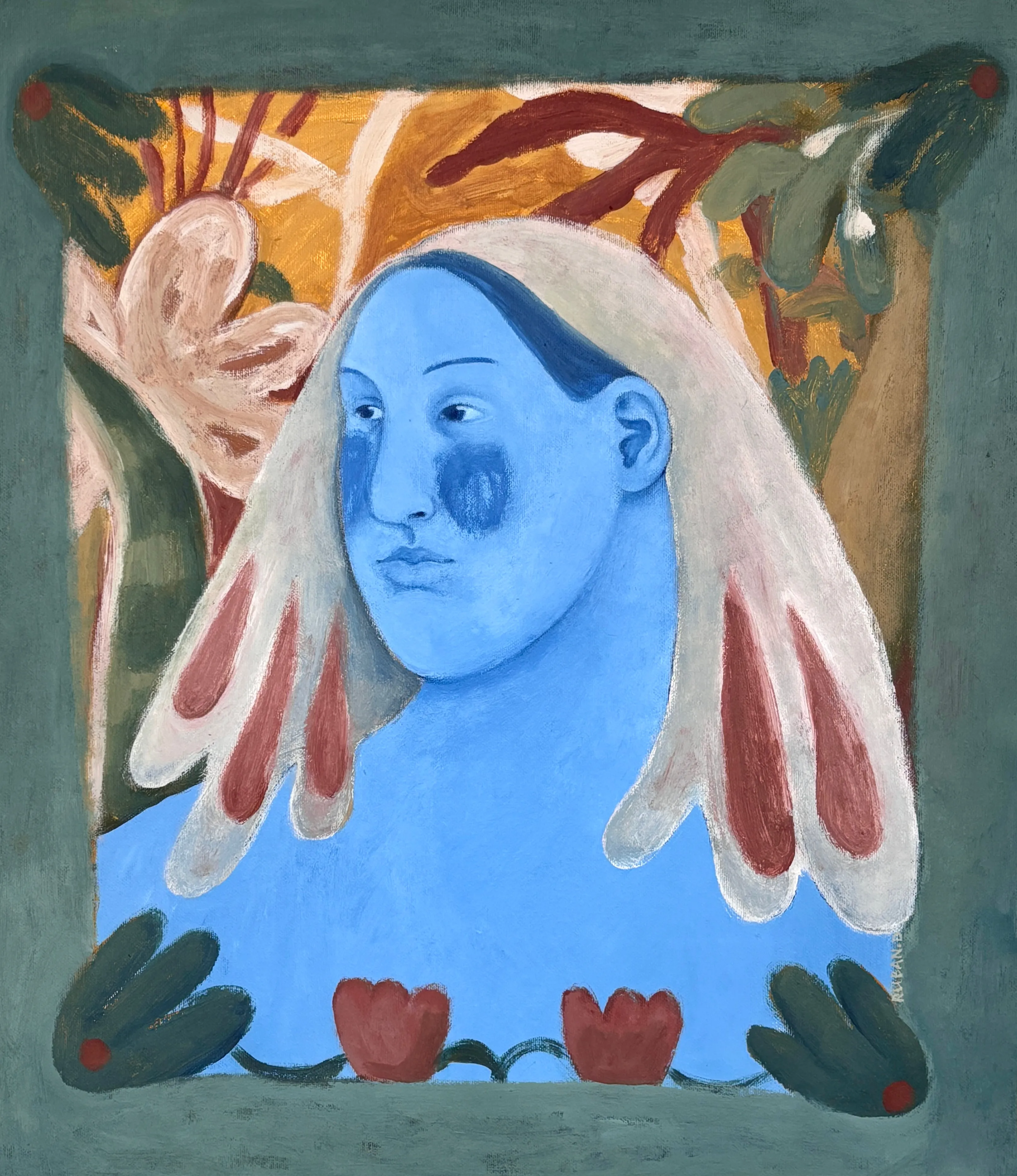 Image of Portrait of a woman by Diana Ruban , size: 48 x 41 cm, made of canvas, acrylic, Painting medium, from Georgia, part of the Blue women series Photo 1 of 2.