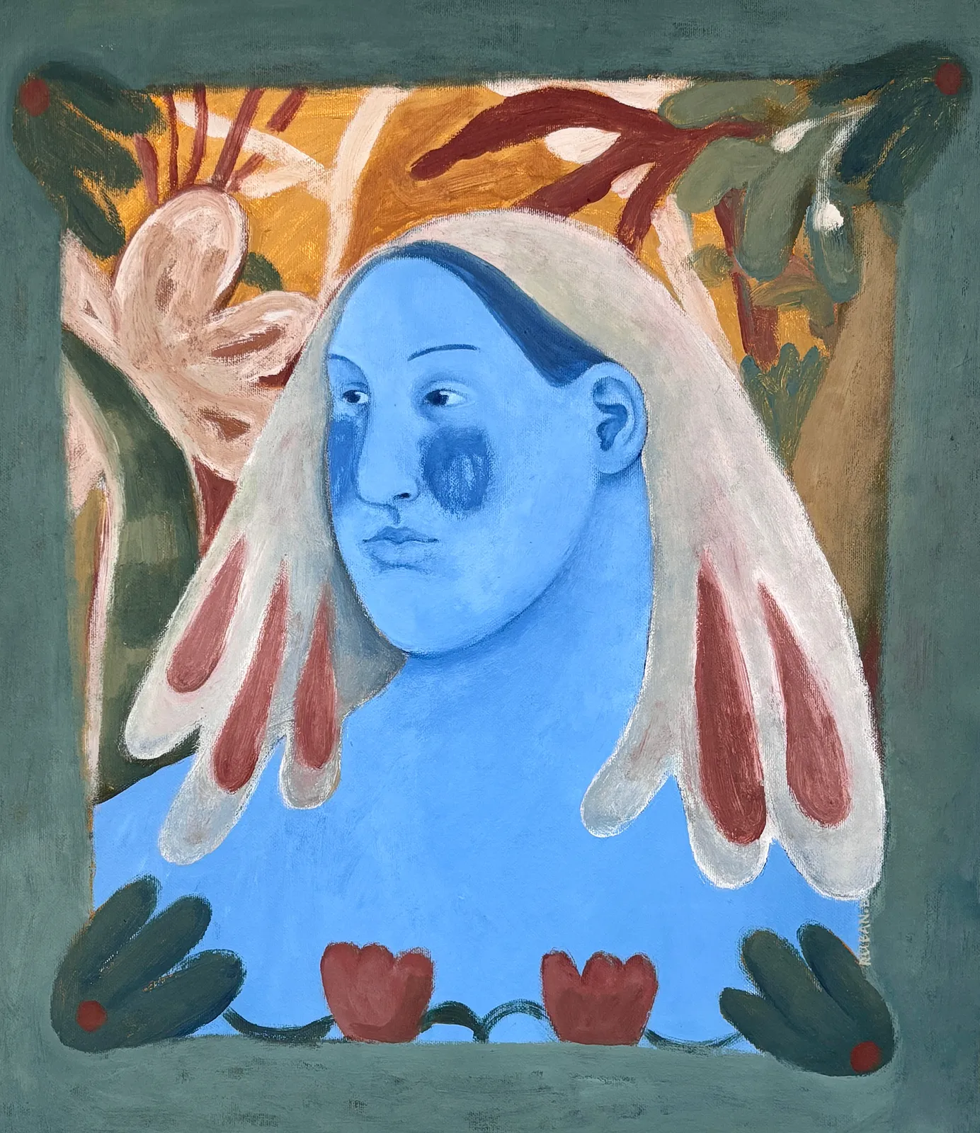 Image of Portrait of a woman by Diana Ruban , size: 48 x 41 cm, made of canvas, acrylic, Painting medium, from Georgia, part of the Blue women series Photo 1 of 2.