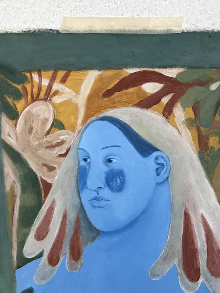 Image of Portrait of a woman by Diana Ruban , size: 48 x 41 cm, made of canvas, acrylic, Painting medium, from Georgia, part of the Blue women series, priced at €1500 Photo 2 of 2.