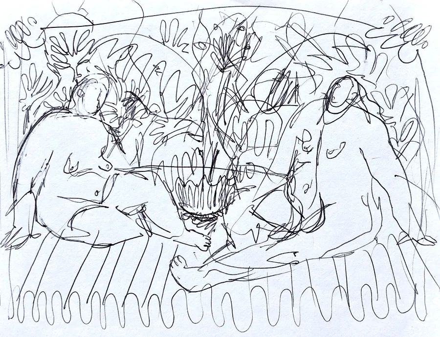 Image of Flowers near women by Diana Ruban , size: 14,8 x 19,8 cm, made of paper, pen, Graphics medium, from Georgia, part of the Linocut, graphics series, priced at $100 Photo 1 of 2.