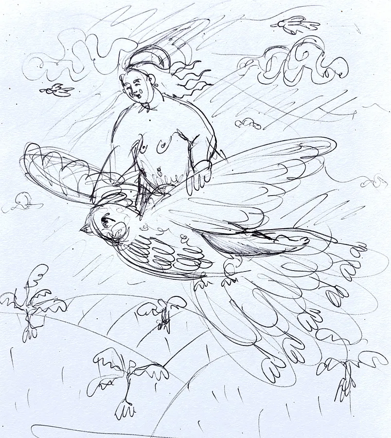 Image of I'm on a bird. by Diana Ruban , size: 16 x 15,9 cm, made of paper, pen, Graphics medium, from Georgia, part of the Linocut, graphics series, priced at $100 Photo 1 of 2.