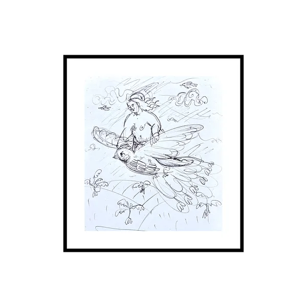 Image of I'm on a bird. by Diana Ruban , size: 16 x 15,9 cm, made of paper, pen, Graphics medium, from Georgia, part of the Linocut, graphics series, priced at $100 Photo 2 of 2.