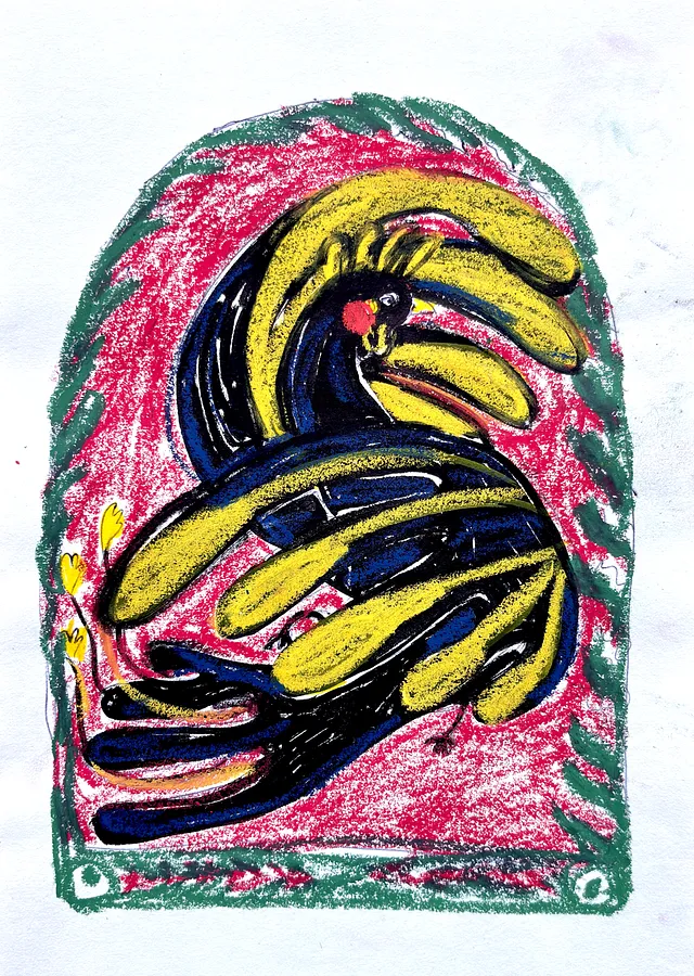 Image of Bird by Diana Ruban , size: 25,5 x 17, made of Paper, oil pastel, Graphics medium, from Georgia, part of the Linocut, graphics series, priced at $150 Photo 1 of 2.