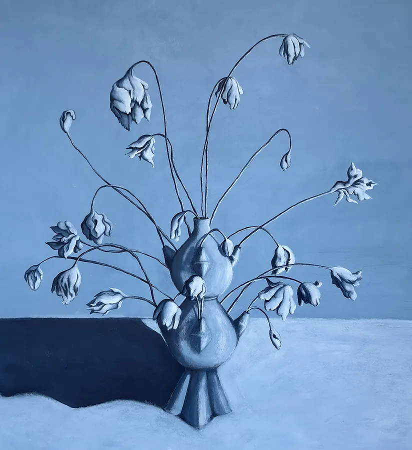 Image of Flowers that wither by Diana Ruban , size: 90 x 82 cm, made of canvas, acrylic, Painting medium, from Georgia, part of the Blue women series, priced at $2500 Photo 1 of 2.