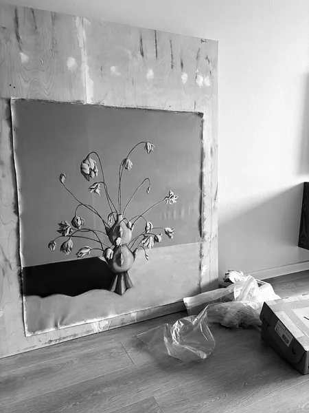 Image of Flowers that wither by Diana Ruban , size: 90 x 82 cm, made of canvas, acrylic, Painting medium, from Georgia, part of the Blue women series, priced at $2500 Photo 2 of 2.