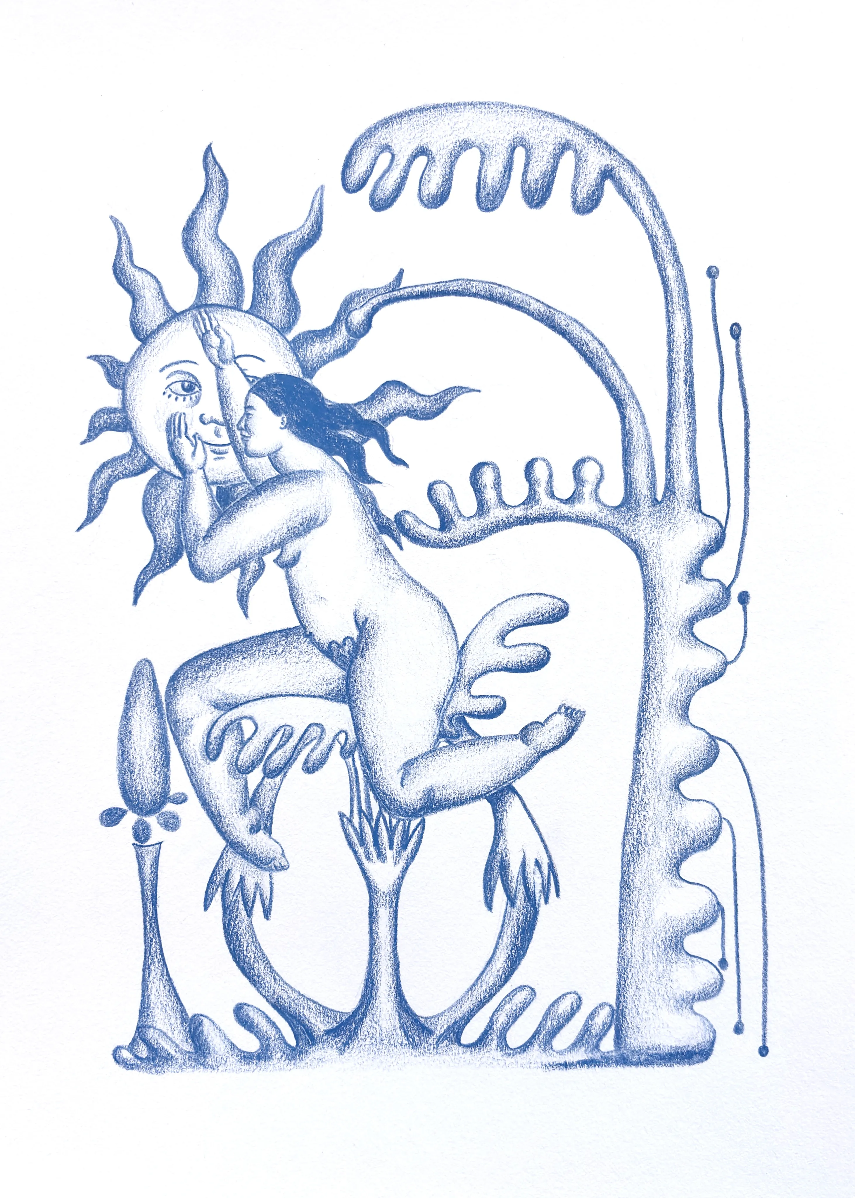 Image of Behind the sun by Diana Ruban , size: 35x25 cm, made of Paper, pencil, Graphics medium, from Georgia , part of the Blue women series, priced at $300 Photo 1 of 4.