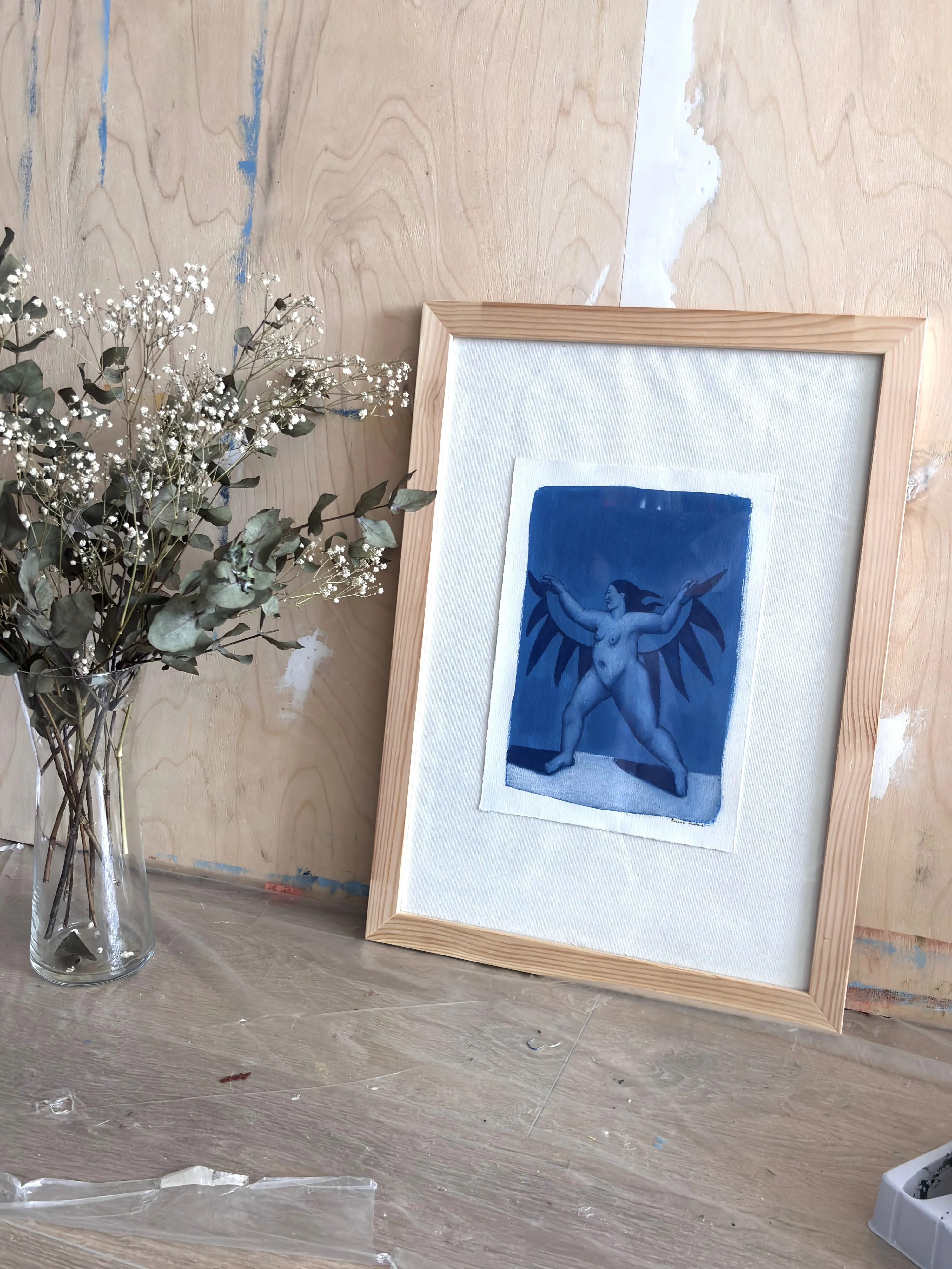 Image of Woman with wings by Diana Ruban , size: 30 х 21,3 cm, made of Paper, acrylic, oil pastel, Graphics medium, from Georgia, part of the Blue women series, priced at $200 Photo 3 of 4.