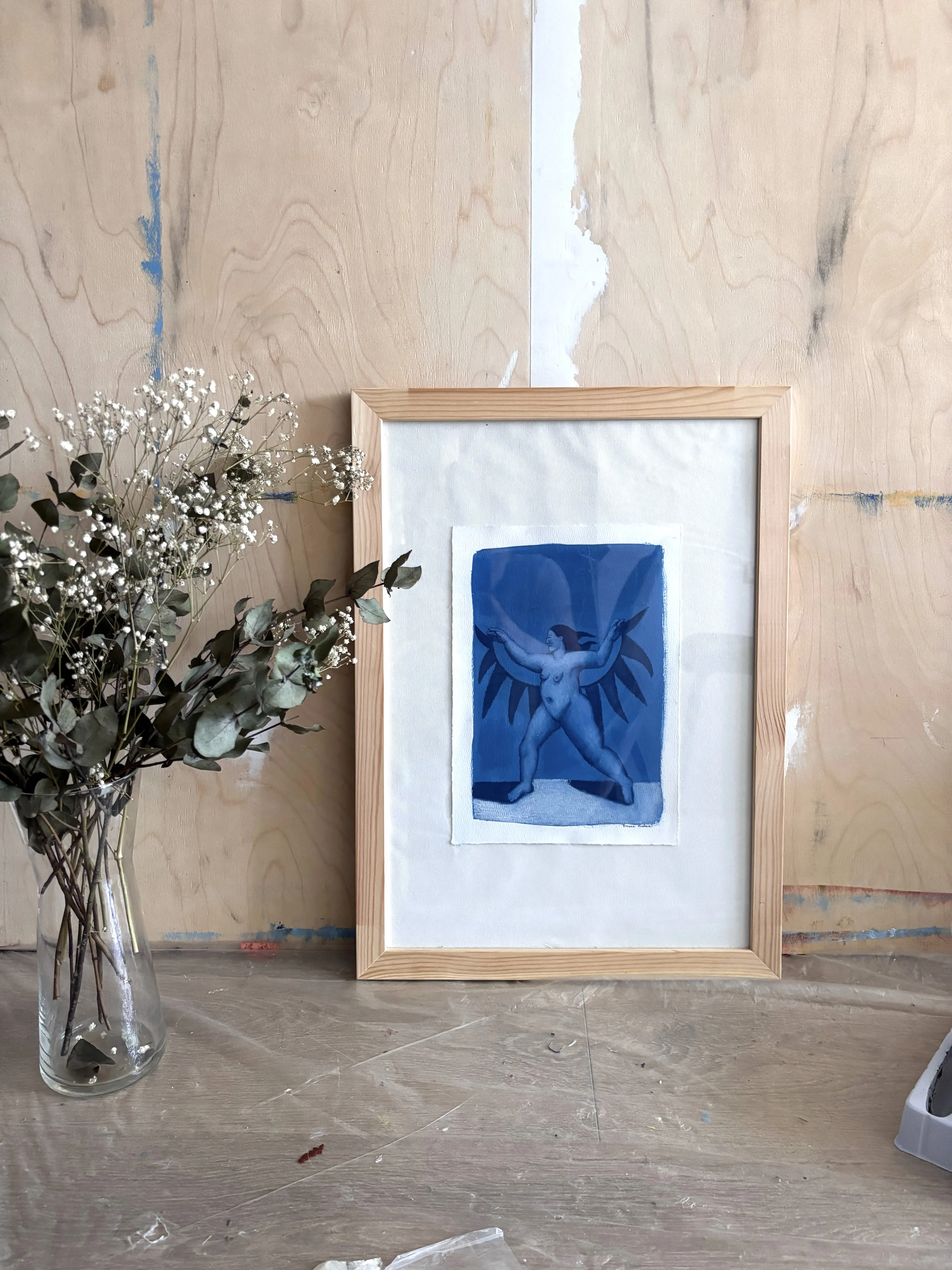 Image of Woman with wings by Diana Ruban , size: 30 х 21,3 cm, made of Paper, acrylic, oil pastel, Graphics medium, from Georgia, part of the Blue women series, priced at $200 Photo 4 of 4.
