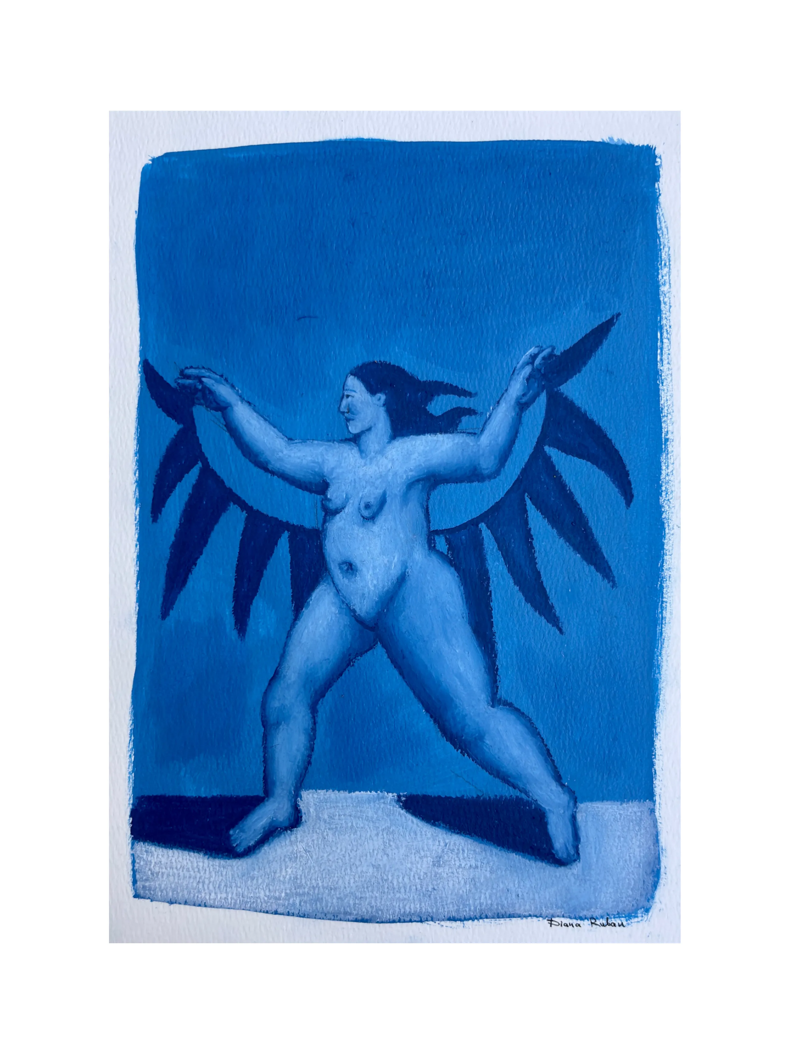 Image of Woman with wings by Diana Ruban , size: 30 х 21,3 cm, made of Paper, acrylic, oil pastel, Graphics medium, from Georgia, part of the Blue women series, priced at $200 Photo 1 of 4.