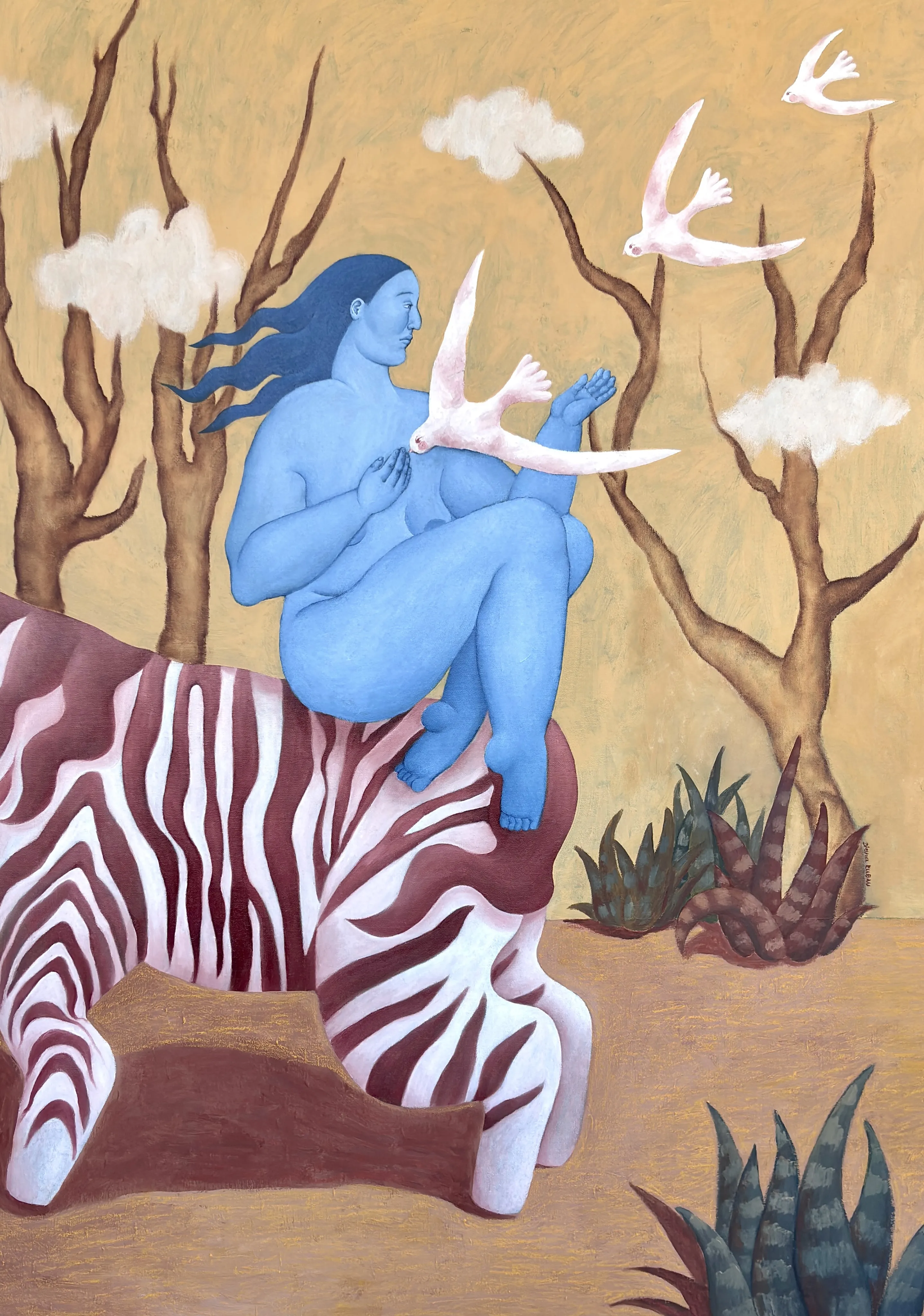 Image of Black and white lines in me by Diana Ruban , size: 104 x 72 cm , made of canvas, acrylic, oil, oil pastel, Painting medium, from Georgia , part of the Blue women series, priced at $3300 Photo 1 of 4.