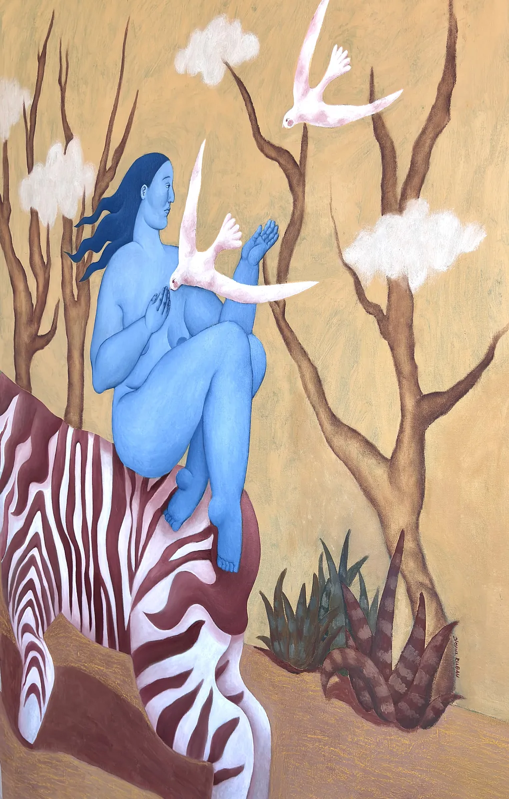 Image of Black and white lines in me by Diana Ruban , size: 104 x 72 cm , made of canvas, acrylic, oil, oil pastel, Painting medium, from Georgia , part of the Blue women series Photo 4 of 4.
