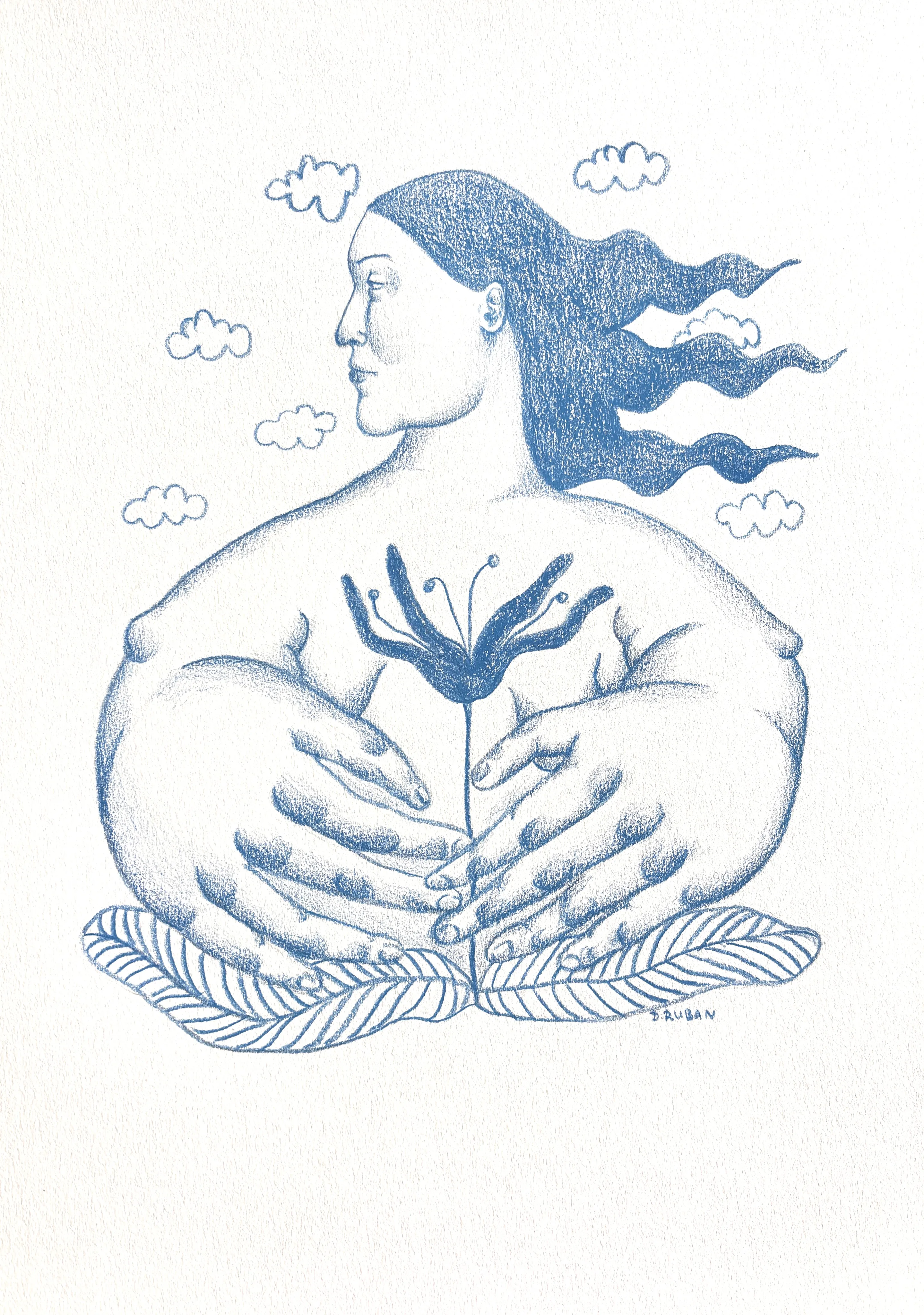 Image of Flower in hands by Diana Ruban , size: 27x18,5 , made of Paper, pencil, Graphics medium, from Georgia , part of the Linocut, graphics series, priced at $200 Photo 1 of 2.