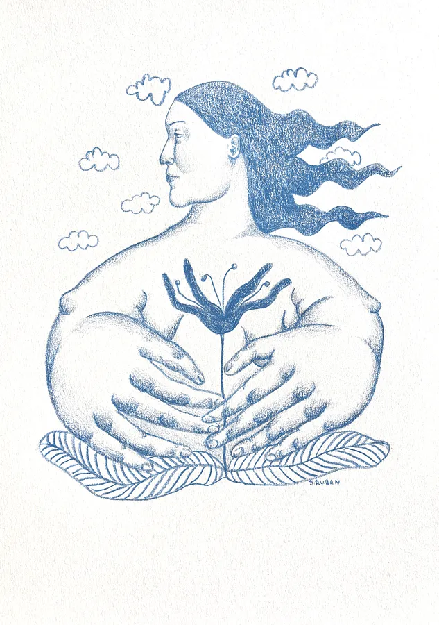 Image of Flower in hands by Diana Ruban , size: 27x18,5 , made of Paper, pencil, Graphics medium, from Georgia , part of the Linocut, graphics series, priced at $200