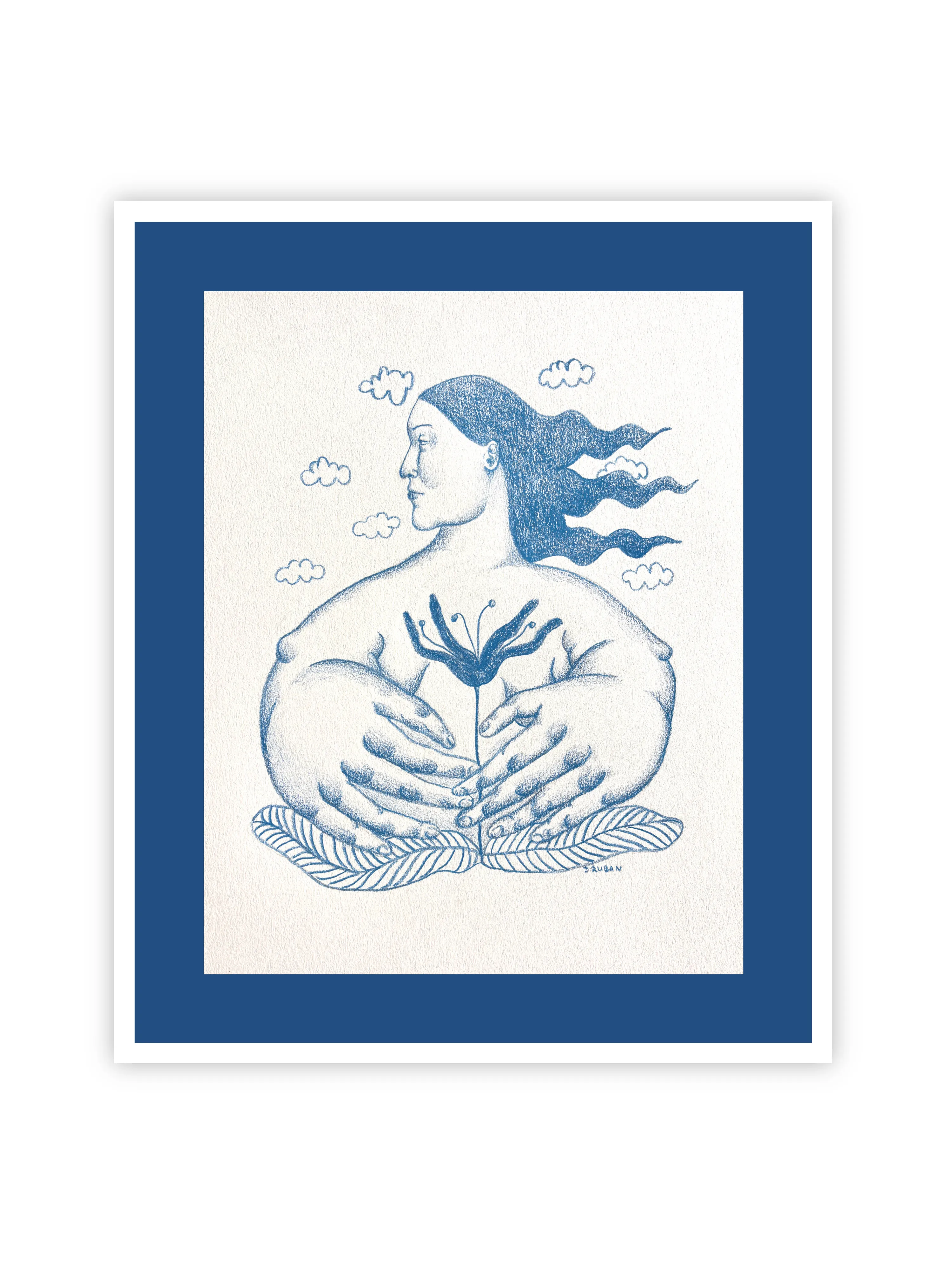 Image of Flower in hands by Diana Ruban , size: 27x18,5 , made of Paper, pencil, Graphics medium, from Georgia , part of the Linocut, graphics series, priced at $200 Photo 2 of 2.