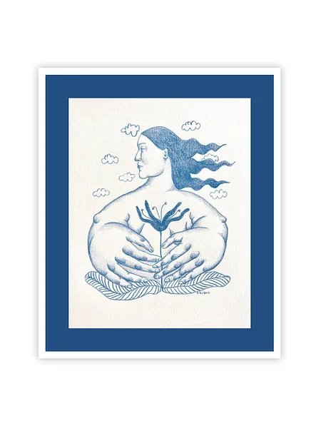 Image of Flower in hands by Diana Ruban , size: 27x18,5 , made of Paper, pencil, Graphics medium, from Georgia , part of the Linocut, graphics series, priced at $200 Photo 2 of 2.