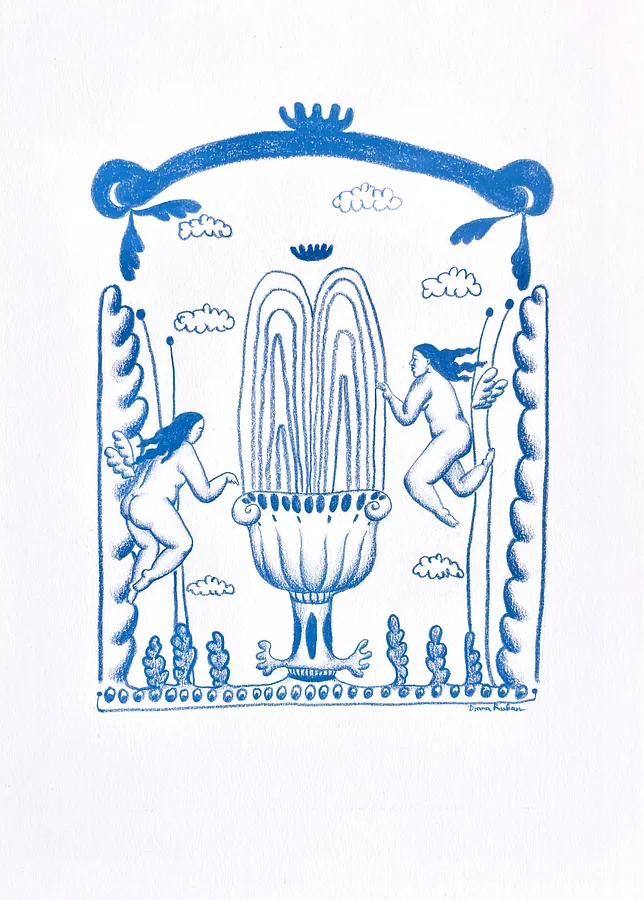 Image of In the garden by Diana Ruban , size: 30 x 21 cm/ 23 x 17c, made of Paper, pencil, Graphics medium, from Georgia , part of the Linocut, graphics series, priced at $300