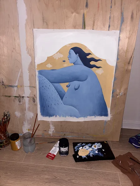 Image of Behind the Wind by Diana Ruban , size: 53 x 44 cm, made of canvas, acrylic, Painting medium, from Georgia , part of the Blue women series, priced at $700 Photo 2 of 3.