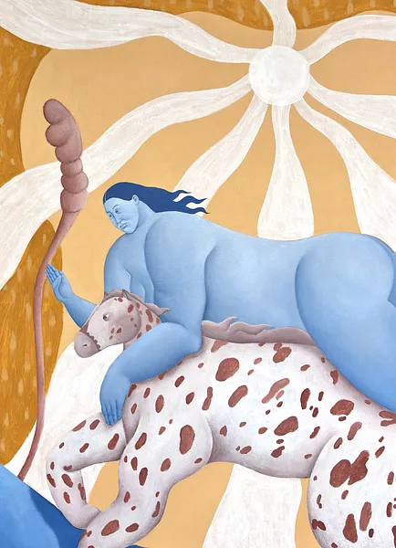 Image of Woman on Horseback by Diana Ruban , size: 94 x 84 cm, made of canvas, acrylic, oil, , Painting medium, from United Kingdom, London, part of the Blue women series Photo 3 of 6.