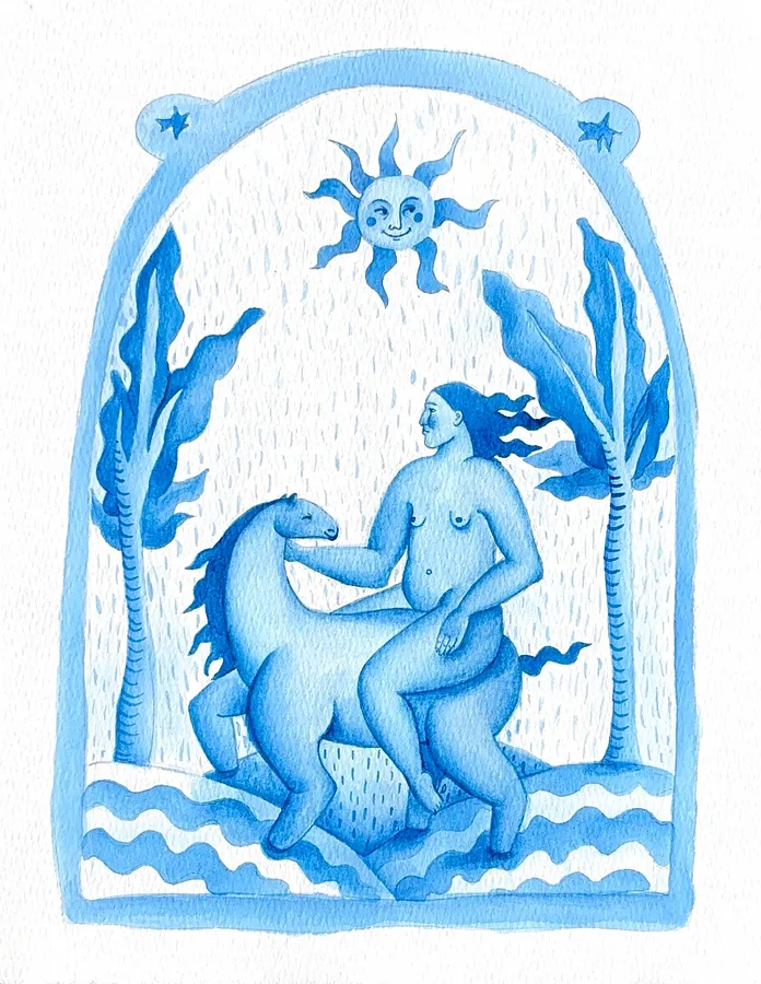 Image of Woman on a horse by Diana Ruban , size: 27х21 cm, made of Paper, acrylic, Painting medium, from Georgia , part of the Blue women series Photo 1 of 3.