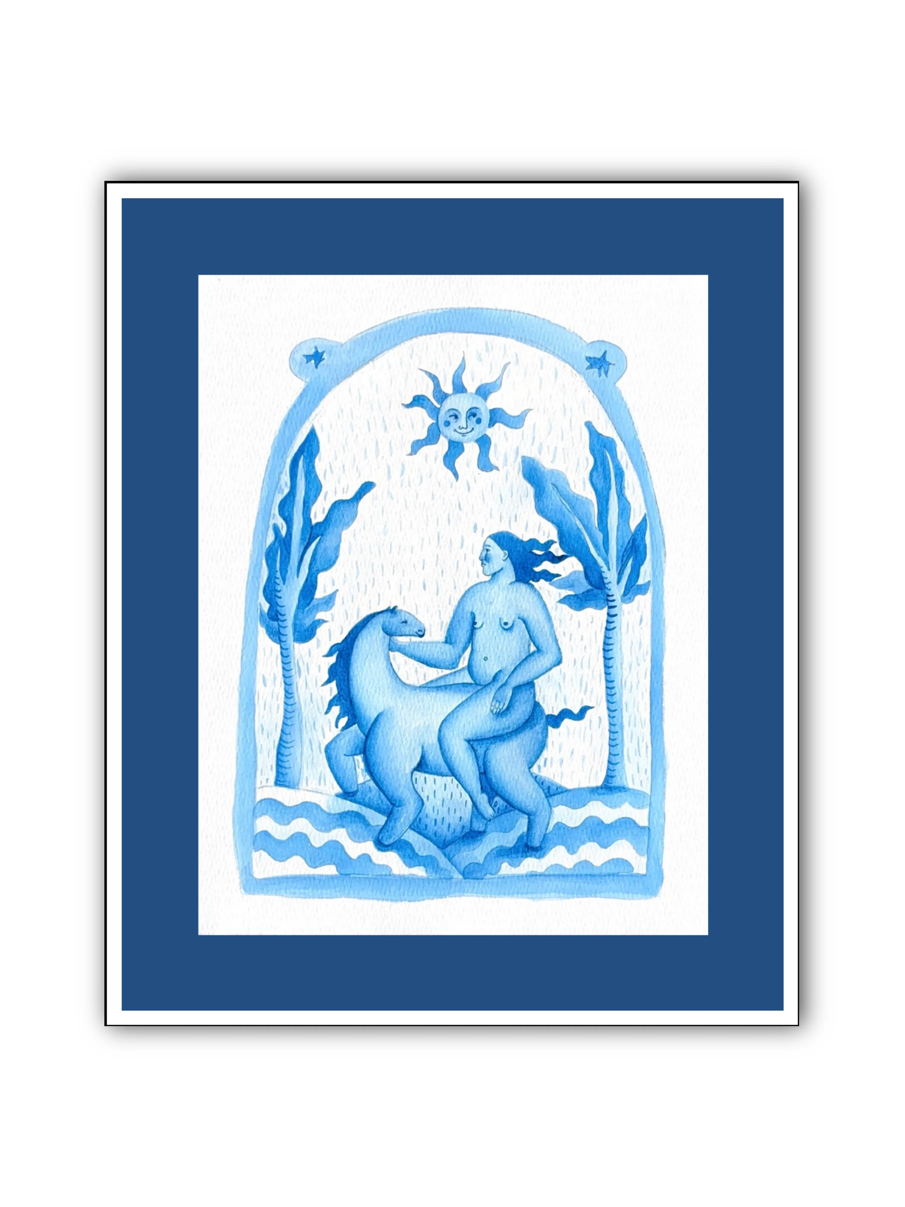 Image of Woman on a horse by Diana Ruban , size: 27х21 cm, made of Paper, acrylic, Painting medium, from Georgia , part of the Blue women series Photo 2 of 3.