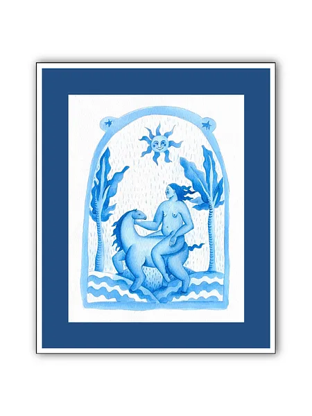 Image of Woman on a horse by Diana Ruban , size: 27х21 cm, made of Paper, acrylic, Painting medium, from Georgia , part of the Blue women series Photo 2 of 3.