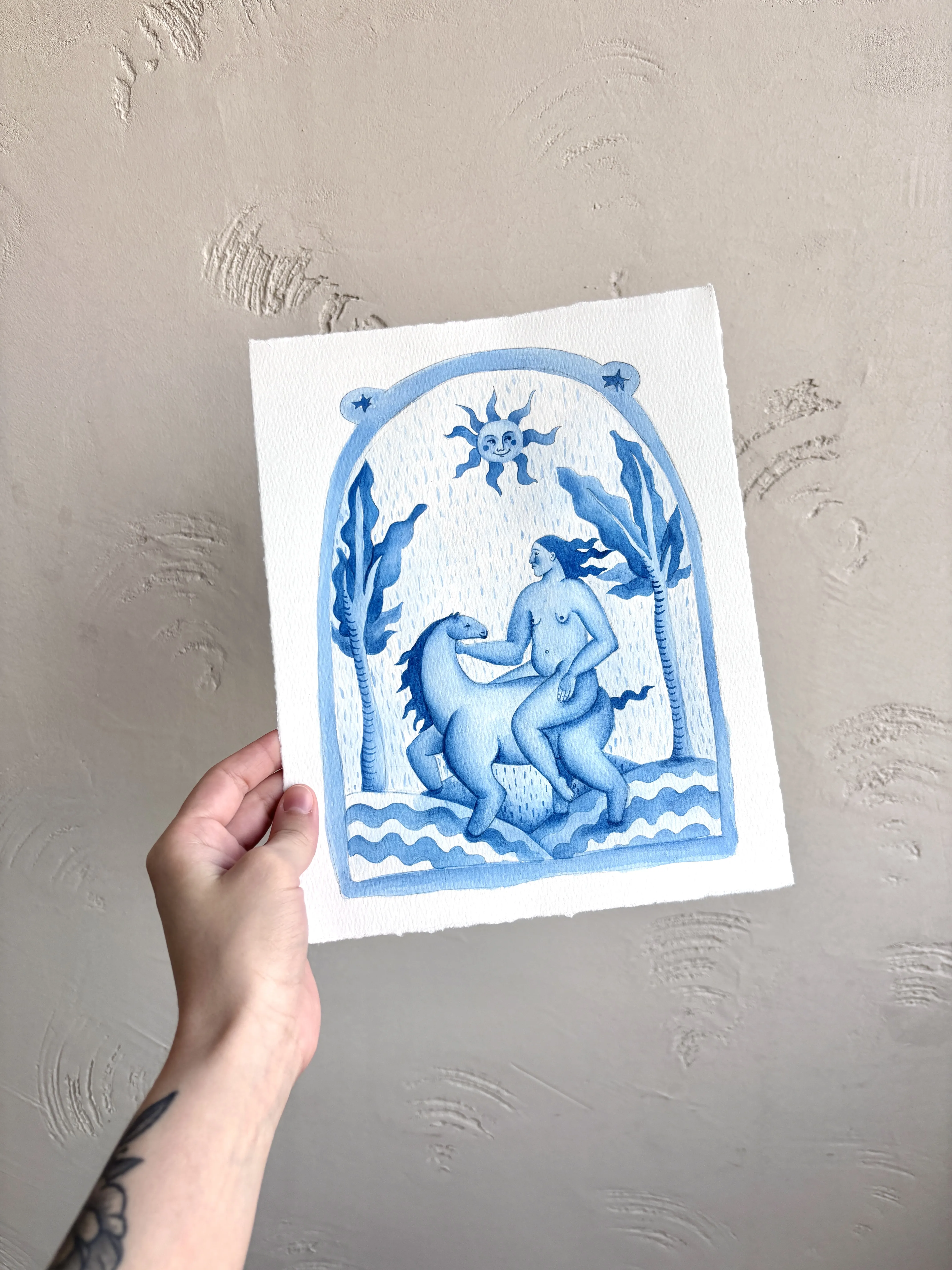 Image of Woman on a horse by Diana Ruban , size: 27х21 cm, made of Paper, acrylic, Painting medium, from Georgia , part of the Blue women series Photo 3 of 3.