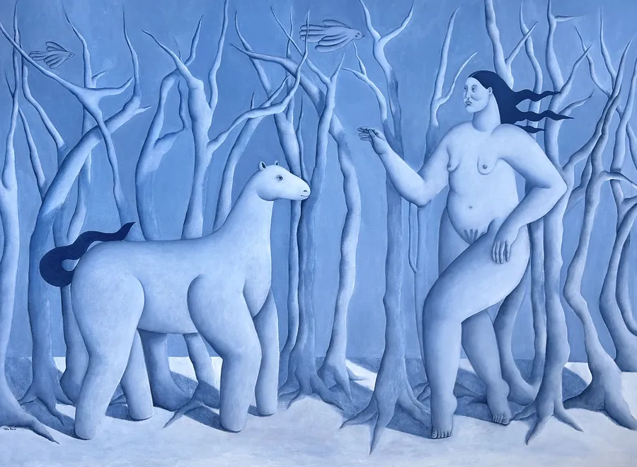 Image of Silent night by Diana Ruban , size: 102 x 140 cm, made of Canvas, oil, Painting medium, from Georgia , part of the Blue women series, priced at $5200 Photo 1 of 5.