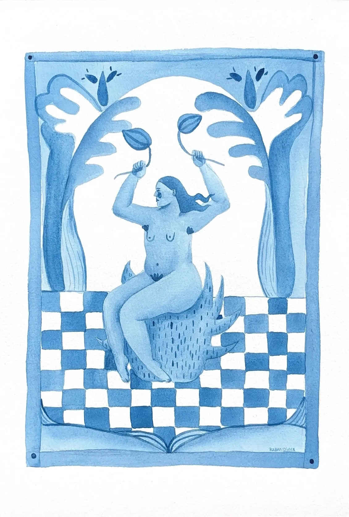 Image of With flowers by Diana Ruban , size: 30 x 21 cm, made of Paper, acrylic , Graphics medium, from Georgia , part of the Linocut, graphics series, priced at $260 Photo 1 of 3.